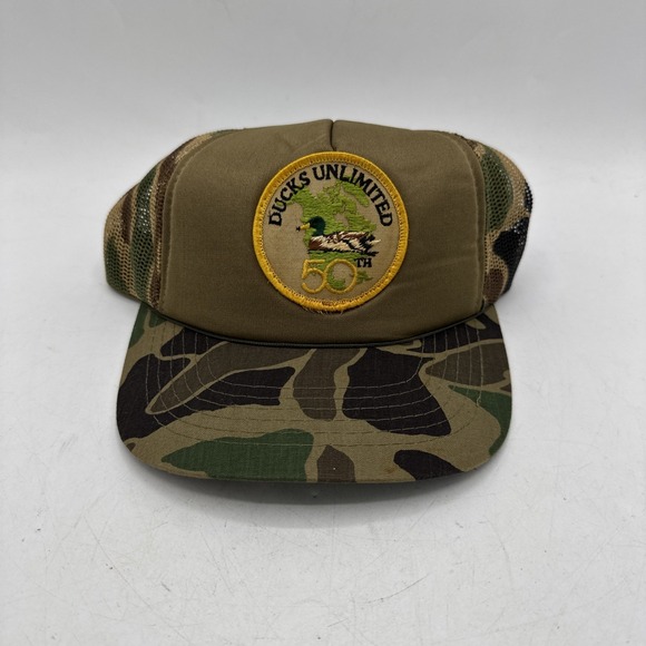 Vintage Ducks Unlimited Trucker Hat Camo Snapback Patch 50th Anniversary Youngan - Picture 1 of 6